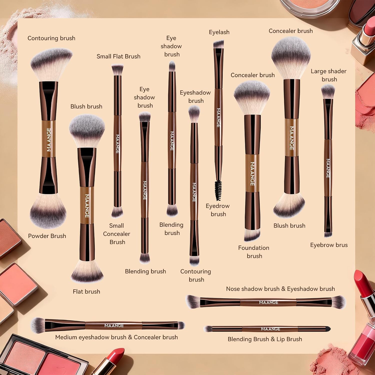 MAANGE 13 Pcs Makeup Brushes with brown Bag - Image 3